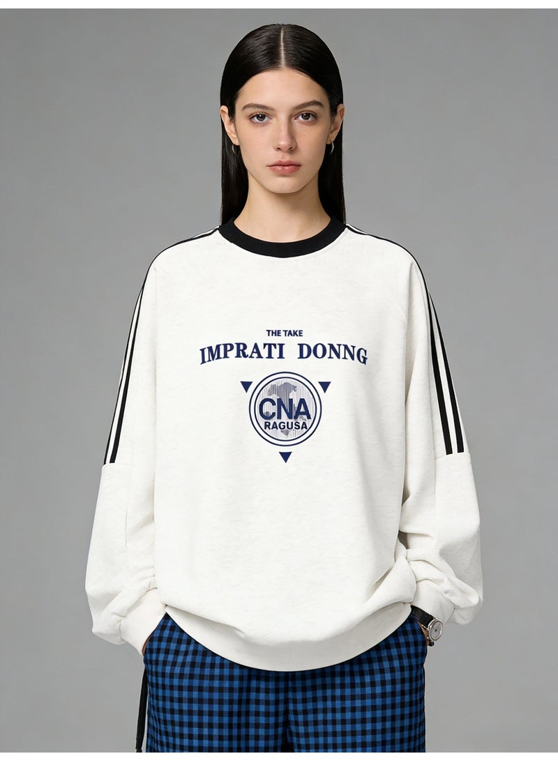 Heather White "IMPRATI DONNG" Vintage Logo Oversized Crew Neck Sweatshirt | Striped Sleeve Pullover With "CNA RAGUSA" Print - Image 2